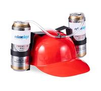 Relaxdays Set da 10 Cappelli Porta Birra, Elmetto con Cannuccia, per 2 Lattine, Gadget per Carnevale, Calcio, Feste, Rossi