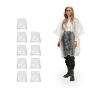 Relaxdays Poncho Antipioggia, Set da 10, Cappuccio, Mantellina Impermeabile per Adulti, Monouso, Unisex, PE, Trasparente