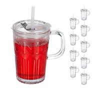 Relaxdays Set da 10 Tazze per Bevande, Bicchieri in Vetro per Frullati, Coperchio Cannuccia e Manico 450 ml, Trasparente