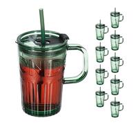 Relaxdays Set da 10 Tazze per Bevande, Bicchieri in Vetro per Frullati, Coperchio Cannuccia e Manico 450 ml, Verde