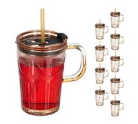 Relaxdays Set da 10 Tazze per Bevande, Bicchieri Vetro per Frullati, Coperchio Cannuccia e Manico 450 ml, Marrone Chiaro