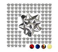 Relaxdays Set da 100 Fiocchetti per Pacchetti Regalo, Autoadesivi, Stelle Decorative per Natale e Compleanni, Ø 5 cm, Argento