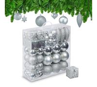 Relaxdays Set da 110 Palline di Natale, Addobbi Natalizi, Palle Opache, Lucide, Glitter, Plastica, Decorazioni, Argento