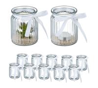 Relaxdays Vasetti Portacandele, Set 12, Vasi in Vetro per Candele e Lumini, Bicchierini con Fiocco Bianco, Trasparente