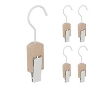 Relaxdays Set da 15 Appendi Stivali, Gruccia in Legno con Clip e Gancio in Ferro, Mollette Gommate, Bianco e Legno