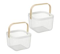 Relaxdays Cestino Metallico Portaoggetti a Rete Quadrato, Set 2 Cesti con Manico in Bambù, HLP: 17,5x26x24,5 cm, Bianco