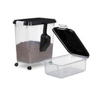 Relaxdays Scatola per Crocchette Cane, Set 2 Contenitori Cibo Animali, 10L e 30L, Rotelle e Paletta, Trasparente Nero