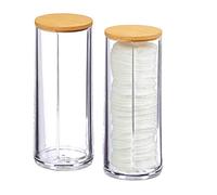 Relaxdays Set da 2 Dispenser per Dischetti di Cotone, Acrilico, Cilindrico, Coperchio, Bagno,20x7cm,Trasparente/Naturale, bambù, 2 px, 2 unità
