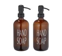 Relaxdays Dispenser di Sapone Liquido in Vetro, Set 2, Testa a Pompa, Ricaricabile, Dosatore Portasapone 500 ml, Marrone