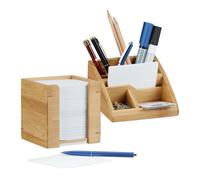 Relaxdays Set Scrivania 2 Organizer, Box Porta-foglietti, Porta-Oggetti, Cancelleria da Ufficio, Porta-Penne, bambù, Marone Chiaro