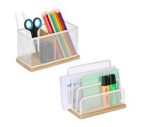 Relaxdays Set da 2 Organizer da Scrivania, in Metallo, Portacarte e Portapenne, da Ufficio, in bambù, Bianco/Naturale, Ferro, 14,5 x 18 x 10 cm