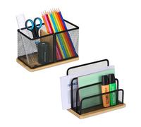 Relaxdays Set da 2 Organizer da Scrivania, in Metallo, Portacarte e Portapenne, da Ufficio, in bambù, Nero/Naturale, 14,5 x 18 x 10 cm