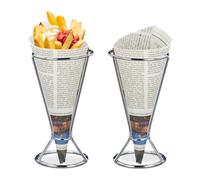 relaxdays, Set da 2 Porta Patatine Fritte, Acciaio Inox, per Coni di Carta con Fritti e Verdure, HD 16 x 9,5 cm, Argento