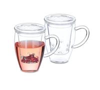 Relaxdays Set da 2 Tazze da tè con Infusore in Vetro, Bicchiere con Coperchio per Infusi e Tisane, 450 ml, Trasparente