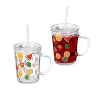 Relaxdays Set da 2 Tazze per Bambini, Bicchieri in Vetro, Silicone, ABS, Cannuccia Manico e Tappo, 400 ml, Trasparente
