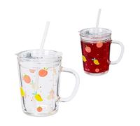 Set 2 tazze vetro bambini tappo cannuccia silicone manico 400ml bimbi frutti