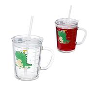 Relaxdays Set da 2 Tazze per Bambini, Vetro, Silicone, ABS, con Cannuccia Manico e Tappo, 400 ml, Dinosauro, Trasparente