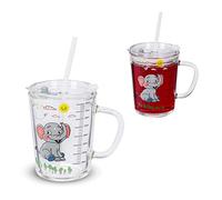 Relaxdays Set da 2 Tazze per Bambini, Vetro, Silicone, ABS, con Cannuccia, Manico e Tappo, 400 ml, Elefante, Trasparente