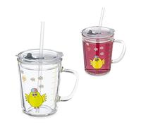 Set 2 tazze vetro bambini 400 ml design pulcino tappo cannuccia silicone manico