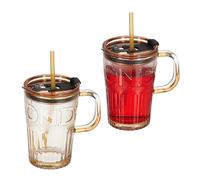 Relaxdays Set da 2 Tazze per Bevande, Bicchieri Vetro per Frullati, Coperchio Cannuccia e Manico, 450 ml, Marrone Chiaro, Silicone, 13 x 13 x 8.5 cm