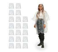 Relaxdays Einweg Regenponcho 20er Poncho Antipioggia, Set da 20, Mantellina di Emergenza con Cappuccio, per Adulti, Monouso, Unisex, Trasparente