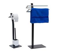 Relaxdays Set da 2X Accessori da Bagno, Stand Porta Asciugamani, Piantana da WC con Portarotolo e Portascopino. Nero Argentato