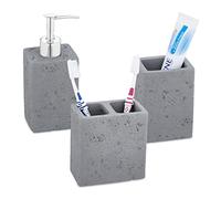 Relaxdays Set da 3 Accessori Bagno, Dispenser Sapone, Portaspazzolini, Bicchiere Dentifricio, Cemento e Acciaio, Grigio