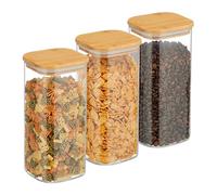 Relaxdays Set da 3 Barattoli per Alimenti con Coperchio in bambù, Recipienti in Vetro, 1500 ml, Trasparente Naturale, 21.5 x 10 x 10 cm