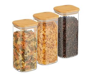 Relaxdays Set da 3 Barattoli per Alimenti con Coperchio in bambù, Recipienti in Vetro, 1500 ml, Trasparente Naturale, 21.5 x 10 x 10 cm