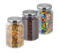 Relaxdays Set da 3 Barattoli per Alimenti, Coperchio in Acciaio Inox, Recipienti in Vetro 1500 ml, Trasparente Argentato, 19 x 12 x 12 cm