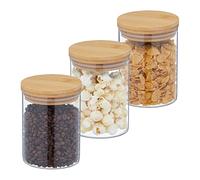 Relaxdays Set da 3 Barattoli per Alimenti, Pasta, Riso, Müsli, caffè, 650ml, Ermetici, bambù, Vetro, Natura Trasparente