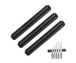 Relaxdays Set da 3 Barra Magnetica, Striscia Lunga 33 cm, Appendi Utensili e Coltelli Acciaio Inox, Guida a Parete, Nero