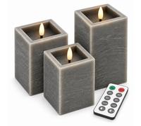 Relaxdays Candele LED a colonna, grigie | set da 3, telecomando, fiamma tremolante, timer, effetto cemento, cera vera