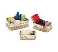Relaxdays Set da 3 Cestini Portaoggetti, per Cosmetici o Asciugamani, Motivo Cartolina, Varie Dimensioni, Natura Crema, bambù