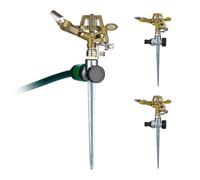 Relaxdays Irrigatore ad Impulsi con Picchetto, Set da 3, Spruzzatore per Prati, 360°, Getto 15 m, Sprinkler, Dorato