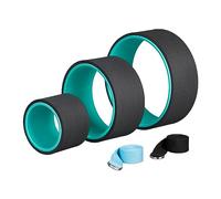 Relaxdays Set da 3 Ruote da Yoga, Ø: 33, 26,5, 17 cm, Anelli con 2 Cinghie Cerchi per Stretching Plastica, Turchese Nero, Poliestere
