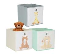 Relaxdays Set da 3, scatole per Bambini, Motivi Animali, Pieghevoli per scaffali, HLP: 30x30x30 cm, Tessuto, Colorate