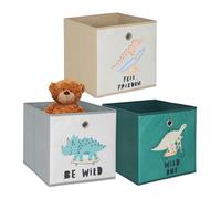 Relaxdays Set da 3, scatole per Bambini, Motivi Dinosauri, scatole Pieghevoli, HLP: 30x30x30 cm, Tessuto, Colorate