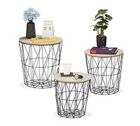 Relaxdays Set da 3 Tavolini a Forma di Cestello, 3 Dimensioni, Stile Scandinavo, MDF, Metallo, Color Naturale e Nero