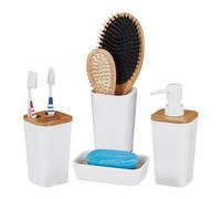 Relaxdays Set da 4 Accessori da Bagno, Moderno, Bicchiere Porta Spazzolini Dispenser Sapone, in Plastica e Bambù, Bianco