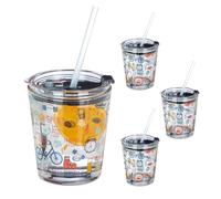relaxdays Set da 4 Bicchieri per Bambini in Vetro con Cannuccia in Silicone, Tappo, 350 ml, Motivo sportivo, Trasparente