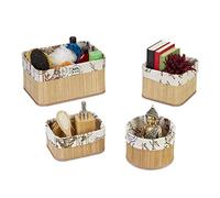 Relaxdays Set da 4 Cestini Portaoggetti, Naturale Crema | Contenitori Salvaspazio in Bambù e Poliestere, 4 Grandezze