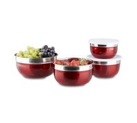 Relaxdays Set di 4 Ciotole con Coperchio, Varie Misure, Scodelle Contenitore in Acciaio Inox, Cucina e Campeggio, Rosso