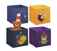 Relaxdays Set da 4 Contenitori per Giochi dei Bambini, Scatole Portagiochi con Animali e Mostri, 30x30x30 cm, Colorato