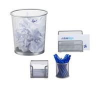 Relaxdays Set Scrivania, Cancelleria Ufficio 4 Accessori, Gettacarte, Porta Foglietti e Lettere, Portapenne, Argentato