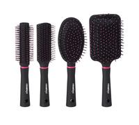 Relaxdays Spazzole per Capelli, Set da 4, con Custodia da Viaggio, Setole in Plastica, Rotonde, Styling, Nero/Rosa