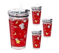 Relaxdays Set da 4 Tazze per Bambini, Bicchieri Vetro, Silicone, ABS, Cannuccia e Tappo, 450 ml, Unicorni, Trasparente, 9 cm
