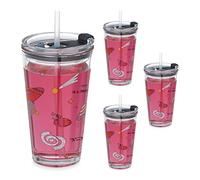 Relaxdays Set da 4 Tazze per Bambini, Vetro, Silicone, ABS, con Cannuccia e Tappo, 450 ml, Motivo Spazio, Trasparente, Plastica, 15 x 9 x 9.5 cm
