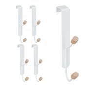Relaxdays Ganci da Porta, Set 5 Appendini Sopraporta Doppio, Ferro & Legno, Attaccapanni, 16x28x7 cm, Bianco/Naturale
