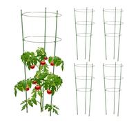 Relaxdays Set da 5 Sostegni per Pomodori in Acciaio e Plastica, H: 76 cm, 3 Anelli Regolabili, Piante Rampicanti, Verde, Ferro